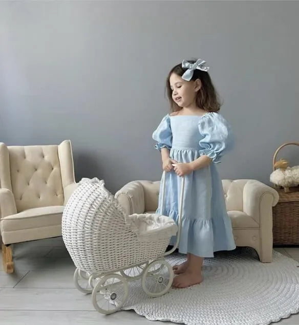 Children Clothing Girls Dress 2023 Summer Cotton and Linen Back Adjustment Bubble Sleeve Princess Sweet Simple Dress for Girls