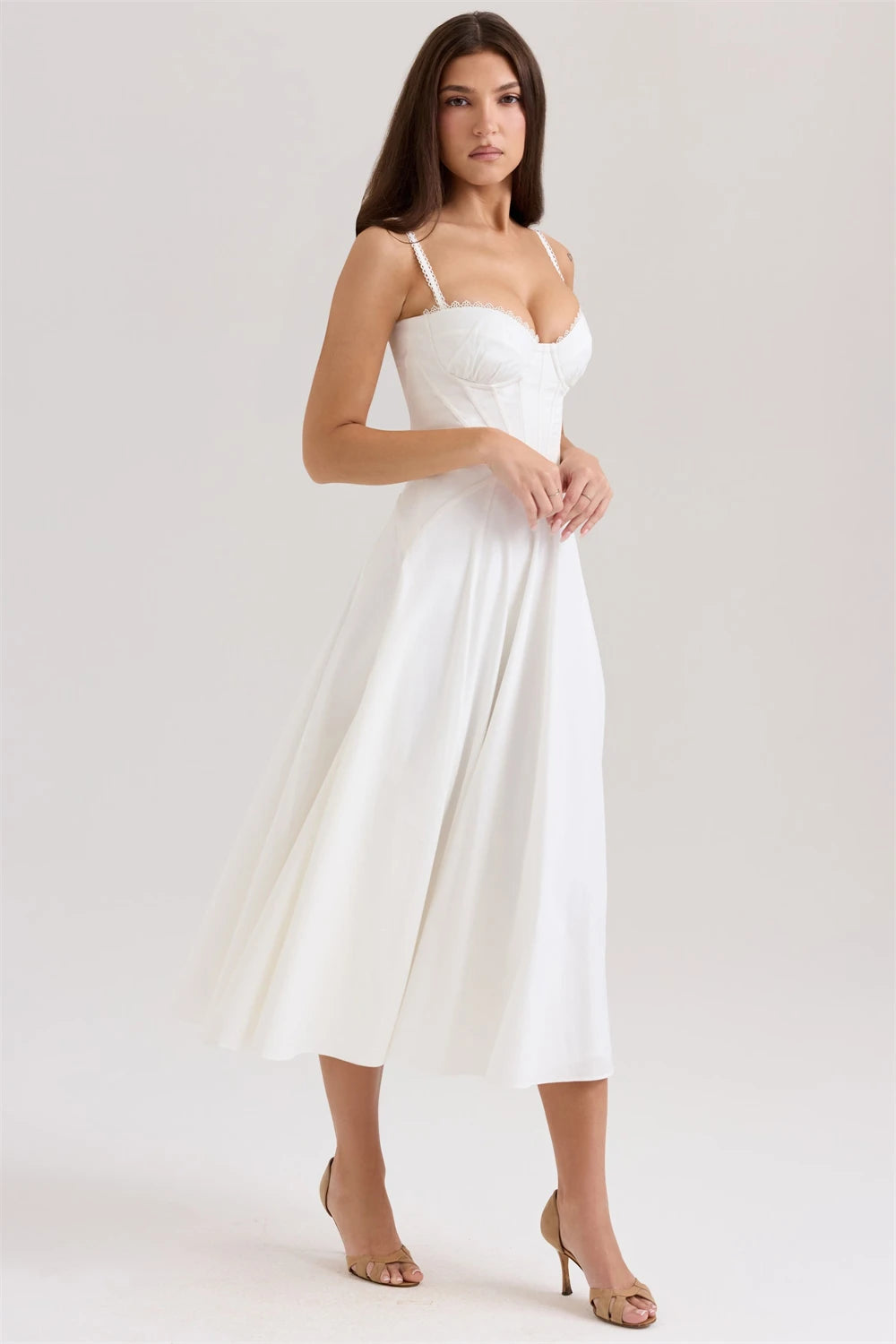 Women Dress 2025 New Fashion Summer Vintage White Lace-Panelled Cotton Dresses for Women Elegance Chic Ladies Midi Dress