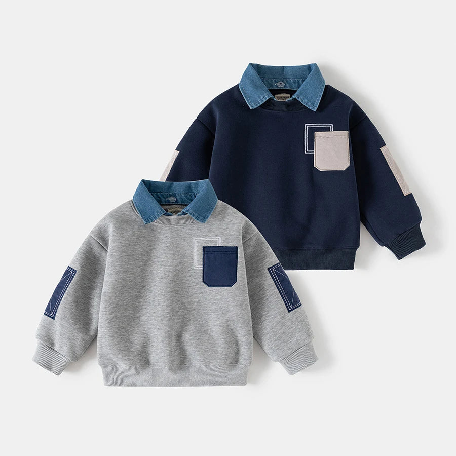Autumn Winter Children Clothings Boys Layered Fleece Sweatshirt Denim Collar Patch Pocket Warm Pullover Kids Casual Top
