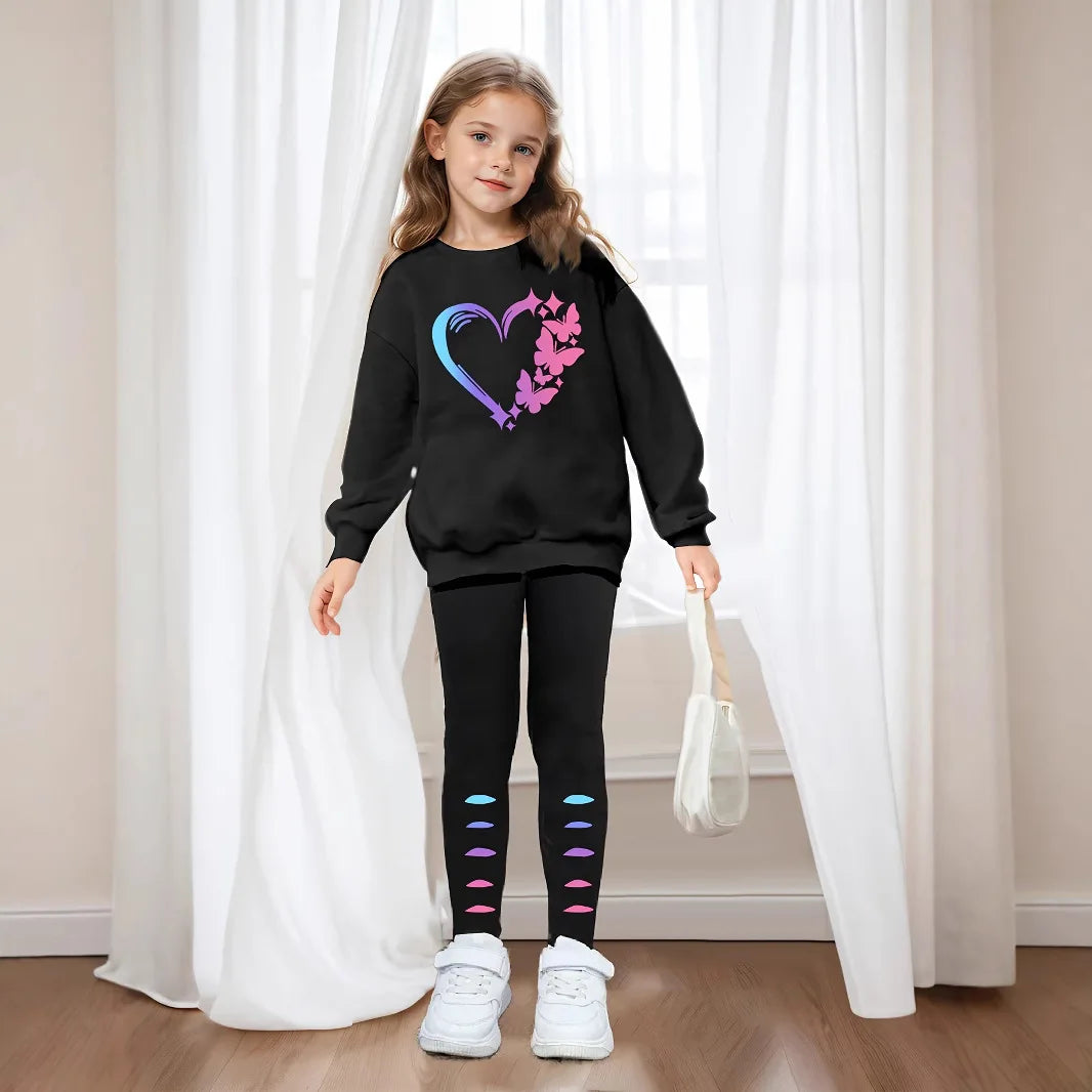 Children's Clothing Girls Autumn Clothing 2-Piece Love Butterfly Print Long-Sleeved Sweatshirt Tights Girl Outdoor Casual Sports Suit