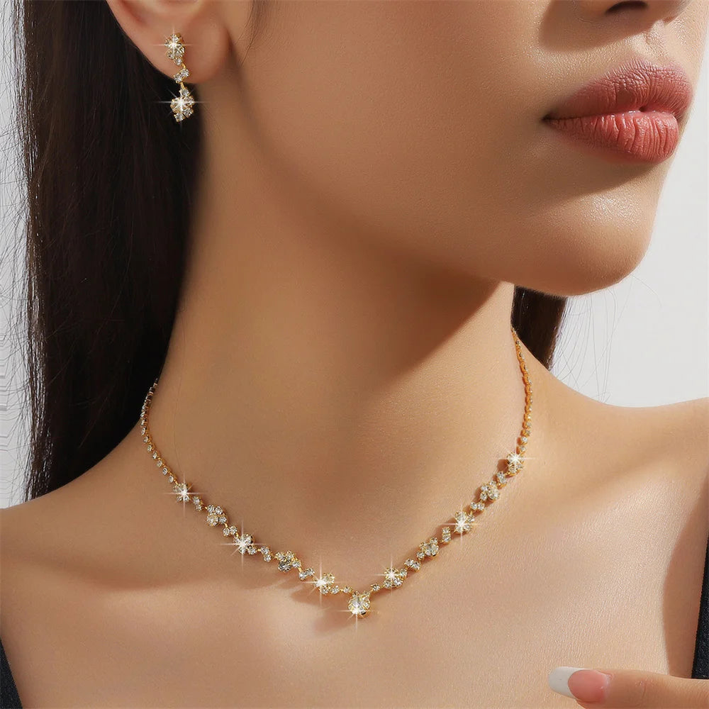 Fashion Crystal Bridal Jewelry Sets Geometric Choker Necklace Earrings Bracelet Wedding Neckchain Jewelry Sets Women Gift