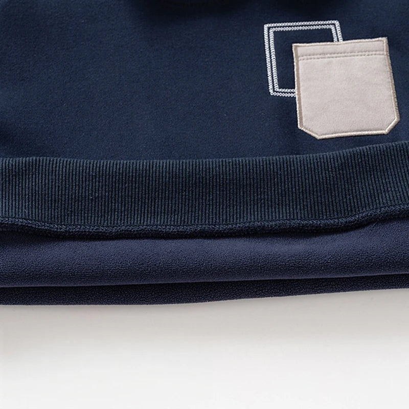 Autumn Winter Children Clothings Boys Layered Fleece Sweatshirt Denim Collar Patch Pocket Warm Pullover Kids Casual Top