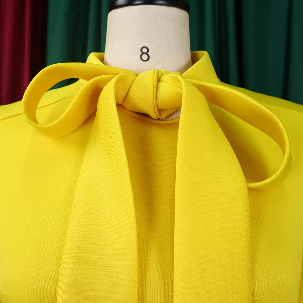 Elegant Dresses for Women Bow Collar Full Sleeve High Waisted A Line Mid Calf Luxury Female Birthday Party Dinner Vestidos Mujer