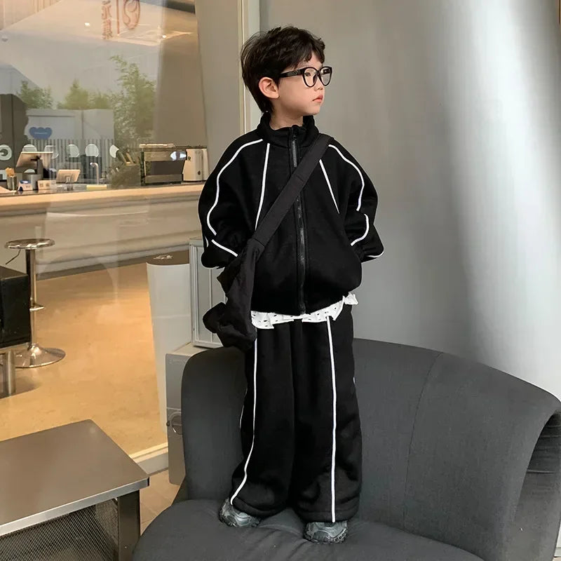Children Clothing Boys Handsome Solid Color Simple Suit 2024 Winter New Fashion Casual Fleece Hoodie and Pants Two Piece Set