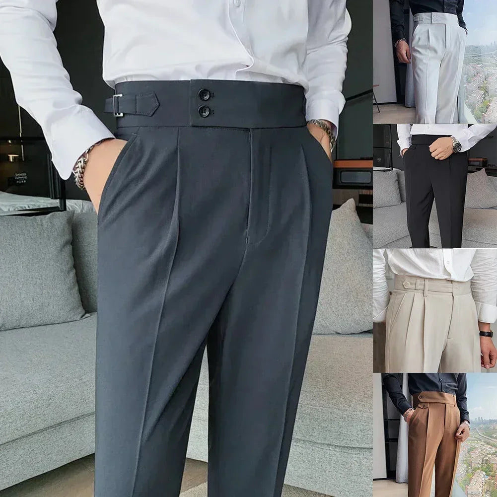 Men's High Waist Trousers England Business Casual Work Suit Pants Belt Waistline Straight Slim Fit Bottoms Handsome Clothing