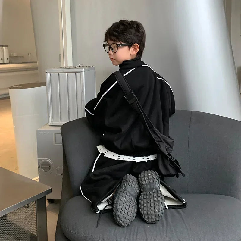 Children Clothing Boys Handsome Solid Color Simple Suit 2024 Winter New Fashion Casual Fleece Hoodie and Pants Two Piece Set