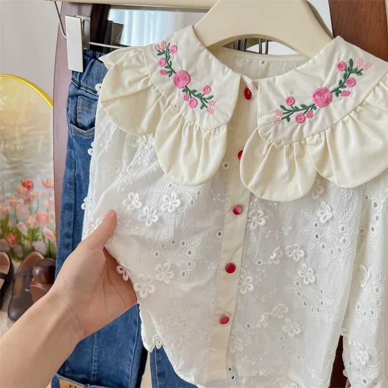 Children's Clothing Shirt 2024 New Girls Doll Shirt Childrens Clothing Autumn Clothing Korean Embroidered Shirt Baby