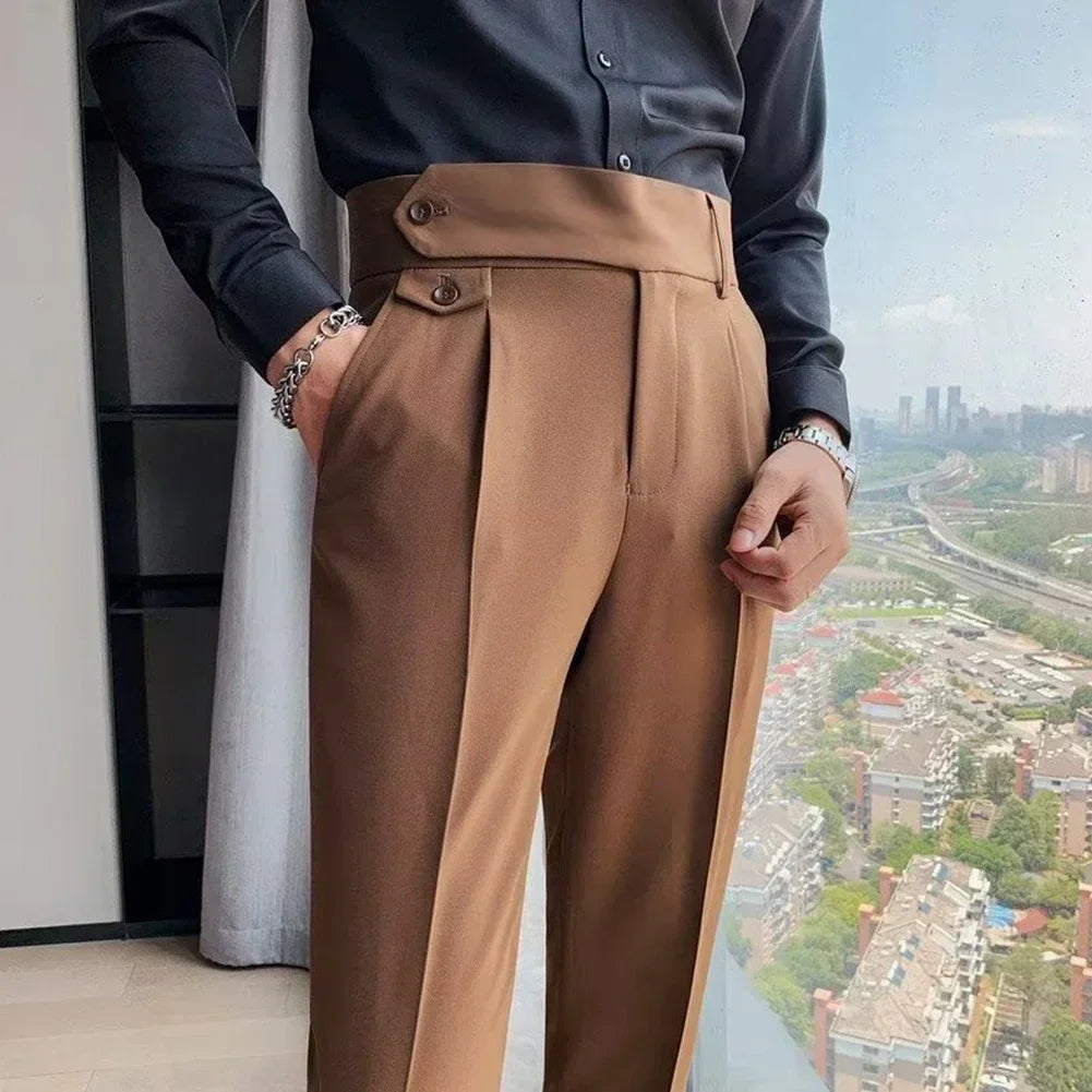 Men's High Waist Trousers England Business Casual Work Suit Pants Belt Waistline Straight Slim Fit Bottoms Handsome Clothing