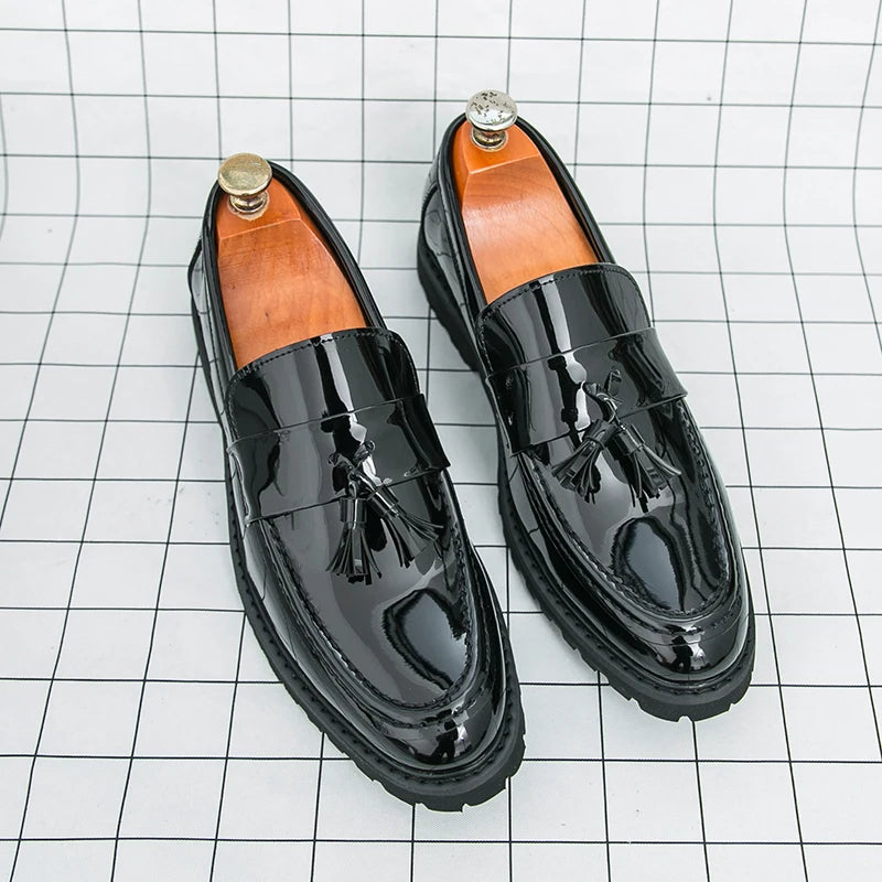 Loafers Men's 2025 Thick-Soled Tassel Patent Leather Glossy Slip-On Business Formal Leather Shoes New Men's Shoes