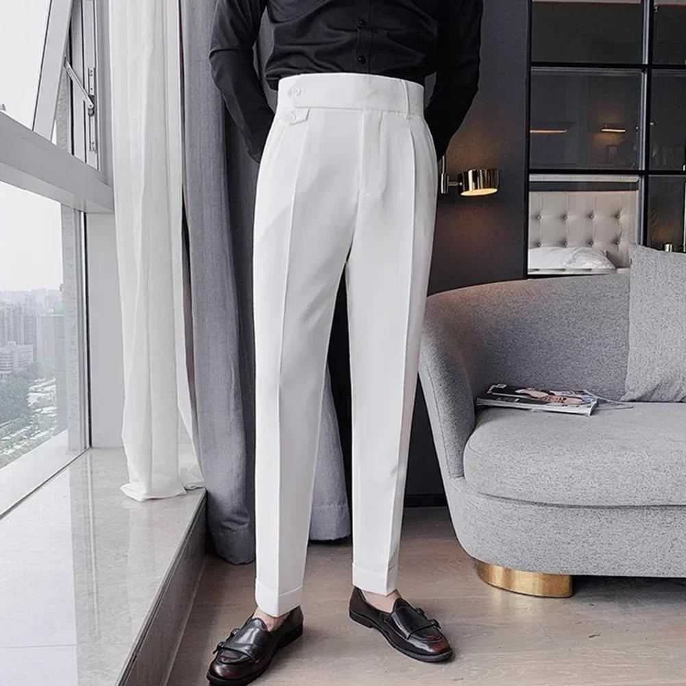 Men's High Waist Trousers England Business Casual Work Suit Pants Belt Waistline Straight Slim Fit Bottoms Handsome Clothing