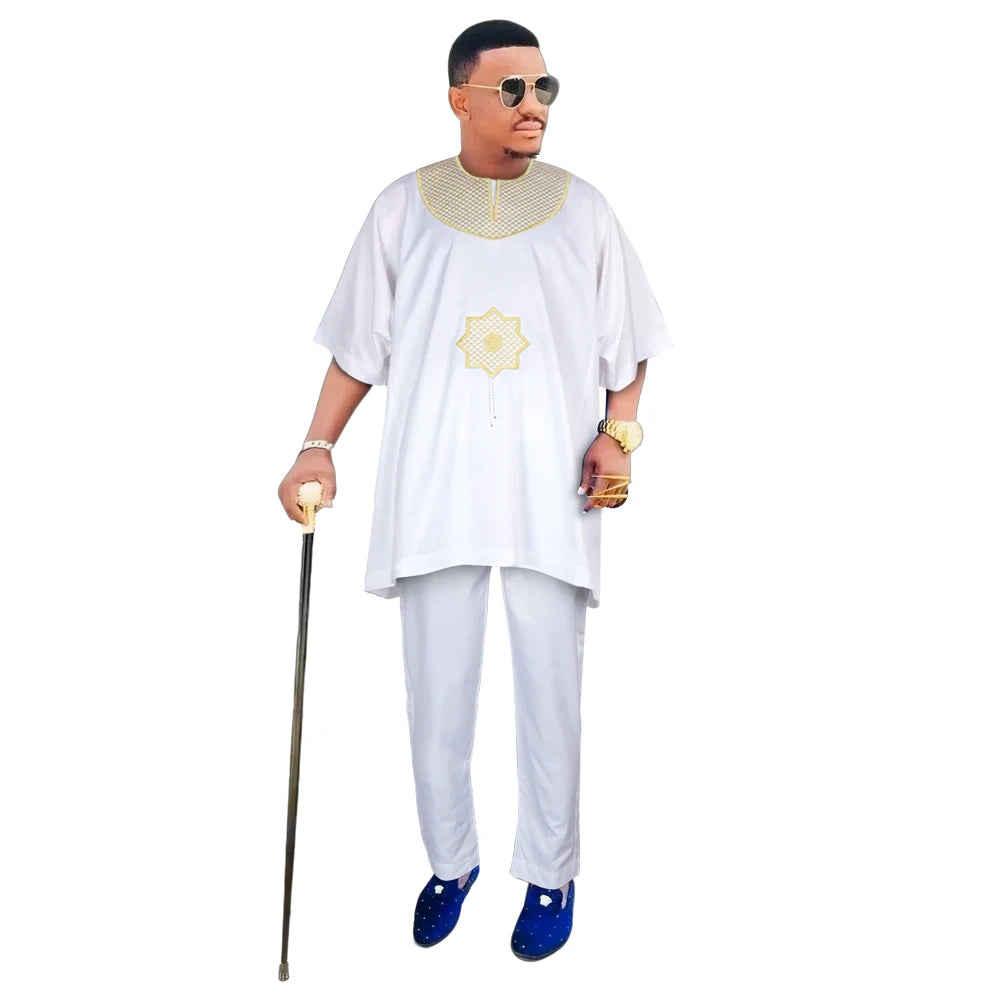 H&D African Clothes for Men 2 Pieces Set Elue Embroidered Tops and Pants Traditional Clothing Rich Bazin Original Wedding Party