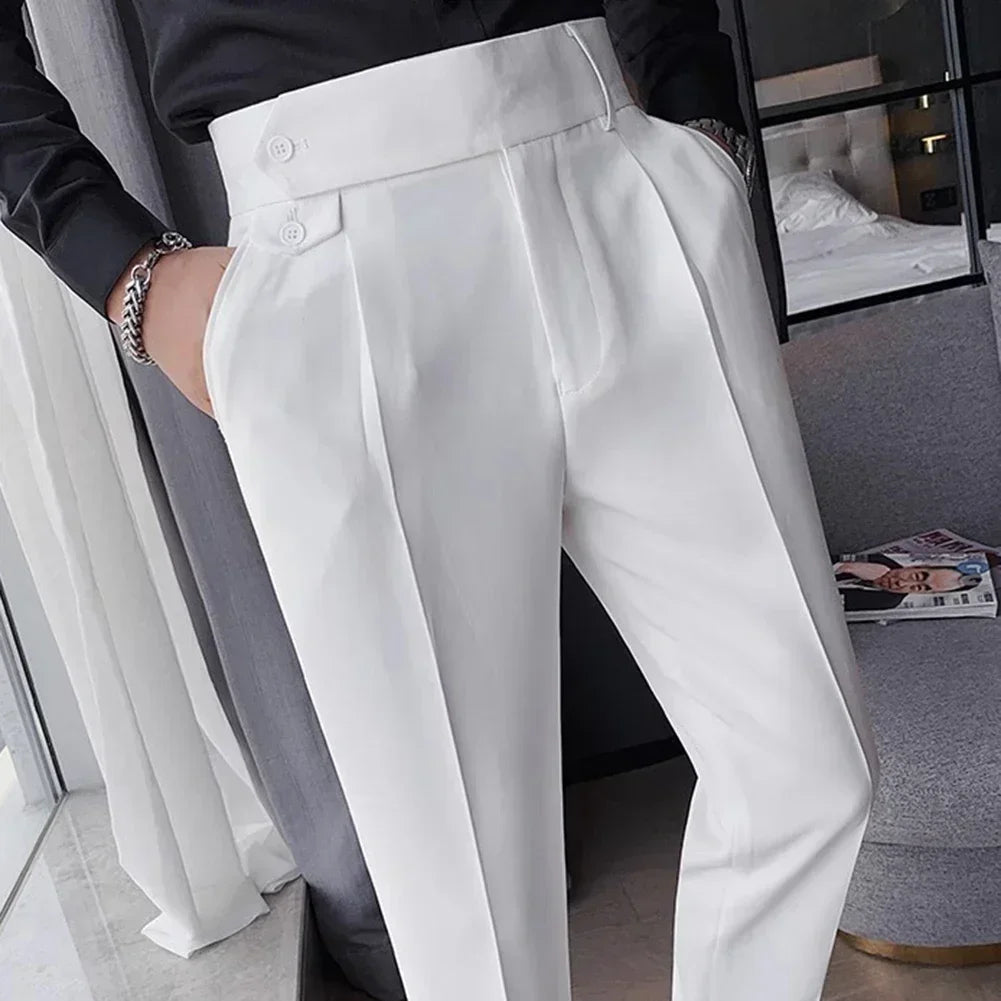 Men's High Waist Trousers England Business Casual Work Suit Pants Belt Waistline Straight Slim Fit Bottoms Handsome Clothing