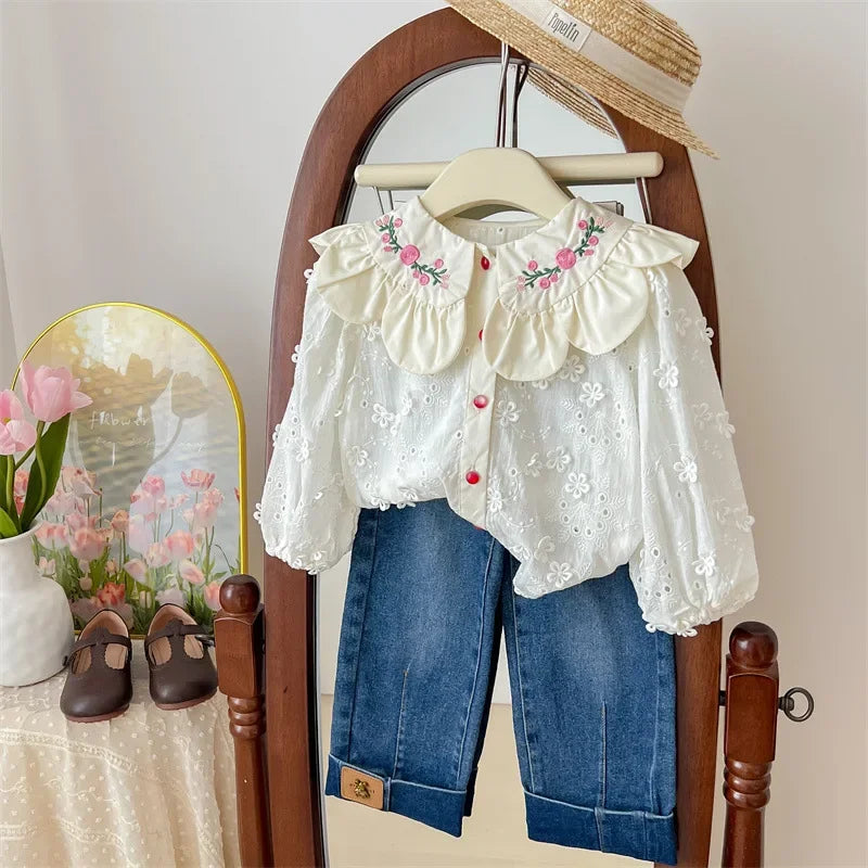 Children's Clothing Shirt 2024 New Girls Doll Shirt Childrens Clothing Autumn Clothing Korean Embroidered Shirt Baby