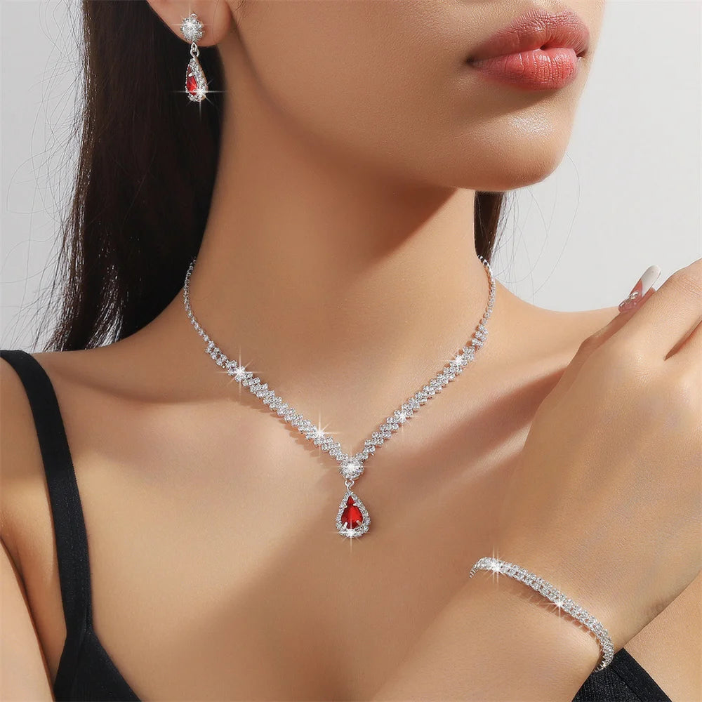 Fashion Crystal Bridal Jewelry Sets Geometric Choker Necklace Earrings Bracelet Wedding Neckchain Jewelry Sets Women Gift