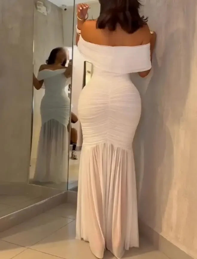Dresses for Women 2025 Elegant Sexy Off Shoulder Ruched Cinched Waist Evening Dress Slim Fit Mermaid Hem Party Dress
