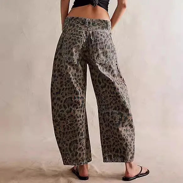 Barrel Jeans Women Leopard Pants Mid Waist Distressed Washed Pockets Vintage Streetwear Ankle Length Trousers 2025 Denims
