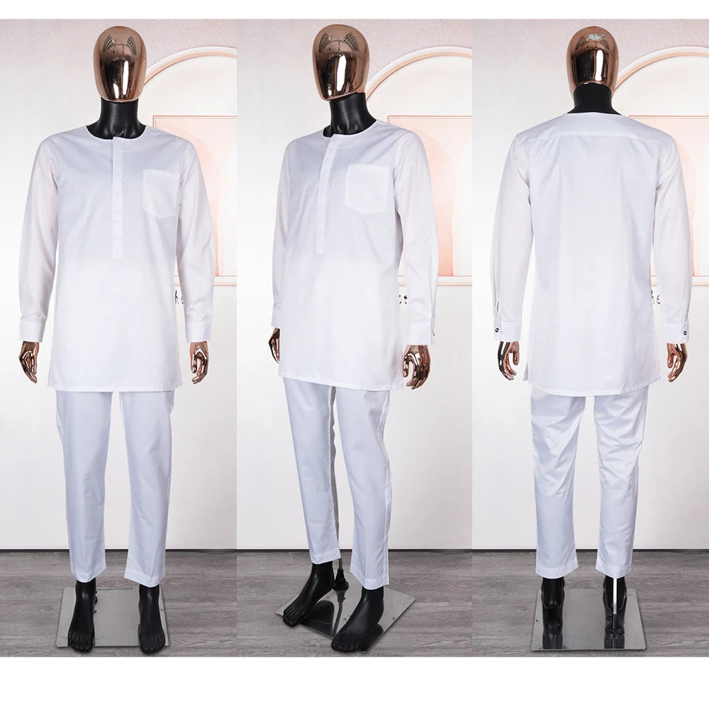 New African Clothes for Men Dashiki Tradition Outfit Robe Embroidery White Tops Pants Suits Bazin Muslim Wedding Party Clothing