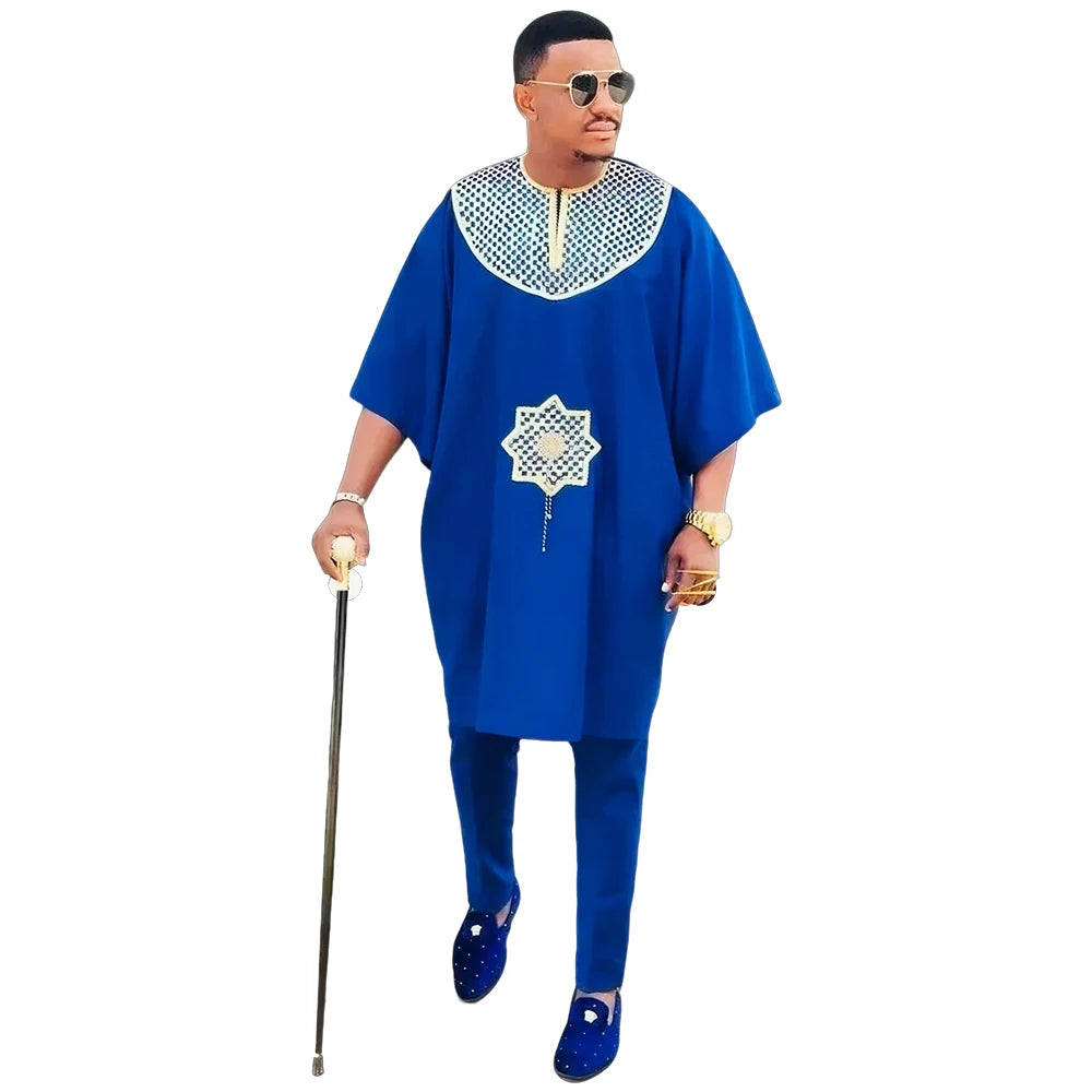 H&D African Clothes for Men 2 Pieces Set Elue Embroidered Tops and Pants Traditional Clothing Rich Bazin Original Wedding Party