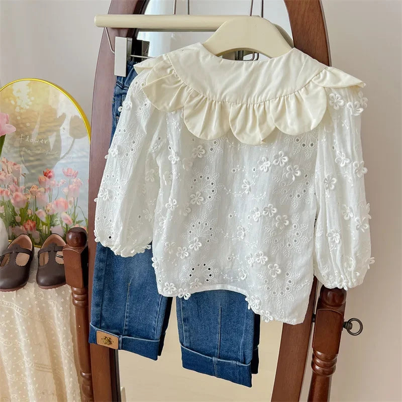 Children's Clothing Shirt 2024 New Girls Doll Shirt Childrens Clothing Autumn Clothing Korean Embroidered Shirt Baby