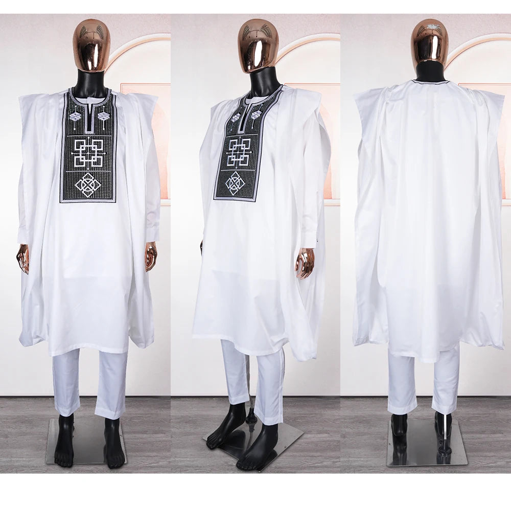 New African Clothes for Men Dashiki Tradition Outfit Robe Embroidery White Tops Pants Suits Bazin Muslim Wedding Party Clothing