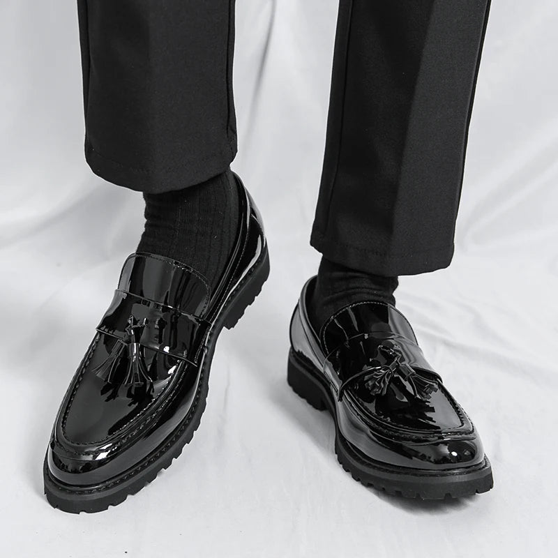 Loafers Men's 2025 Thick-Soled Tassel Patent Leather Glossy Slip-On Business Formal Leather Shoes New Men's Shoes