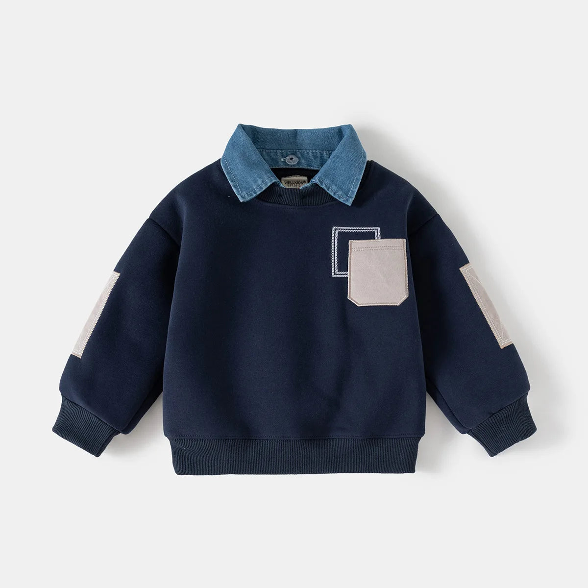 Autumn Winter Children Clothings Boys Layered Fleece Sweatshirt Denim Collar Patch Pocket Warm Pullover Kids Casual Top