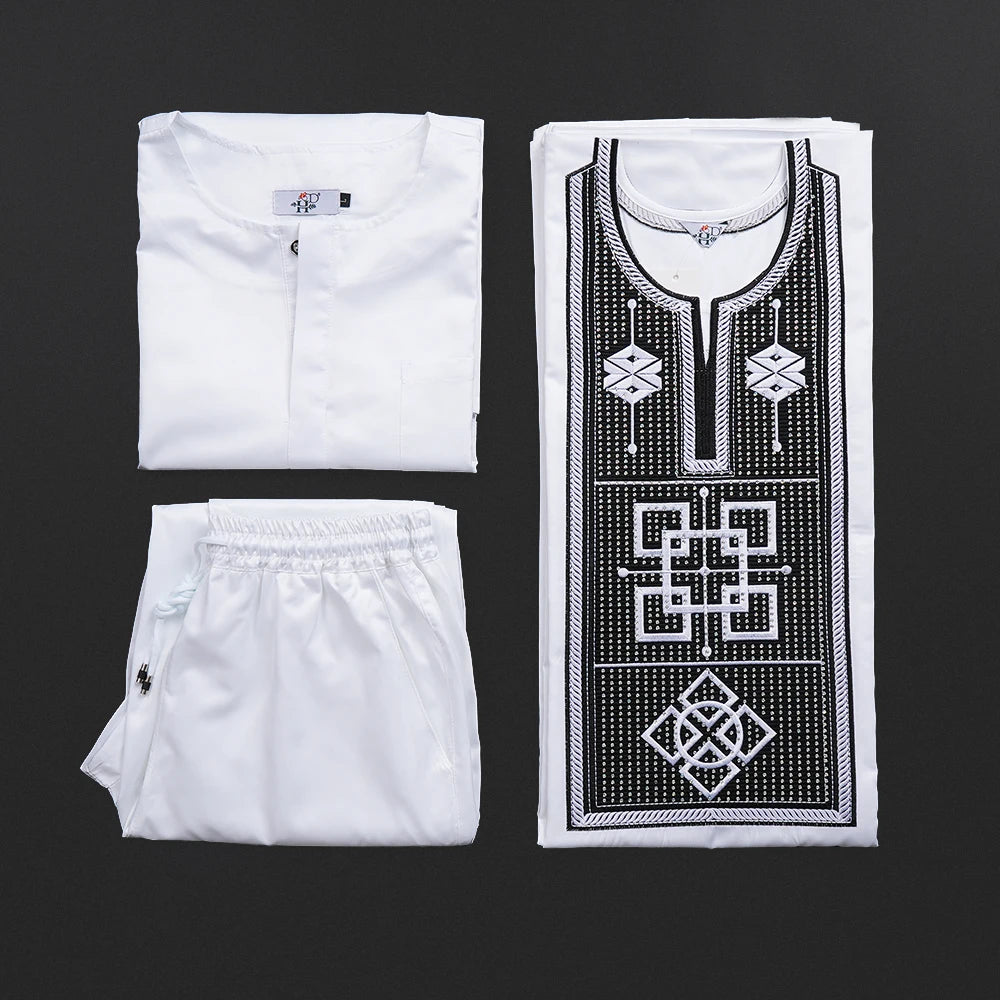 New African Clothes for Men Dashiki Tradition Outfit Robe Embroidery White Tops Pants Suits Bazin Muslim Wedding Party Clothing