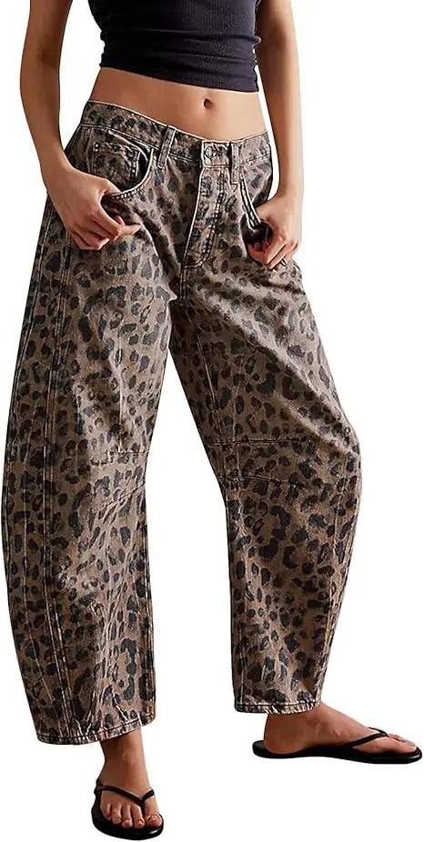 Barrel Jeans Women Leopard Pants Mid Waist Distressed Washed Pockets Vintage Streetwear Ankle Length Trousers 2025 Denims