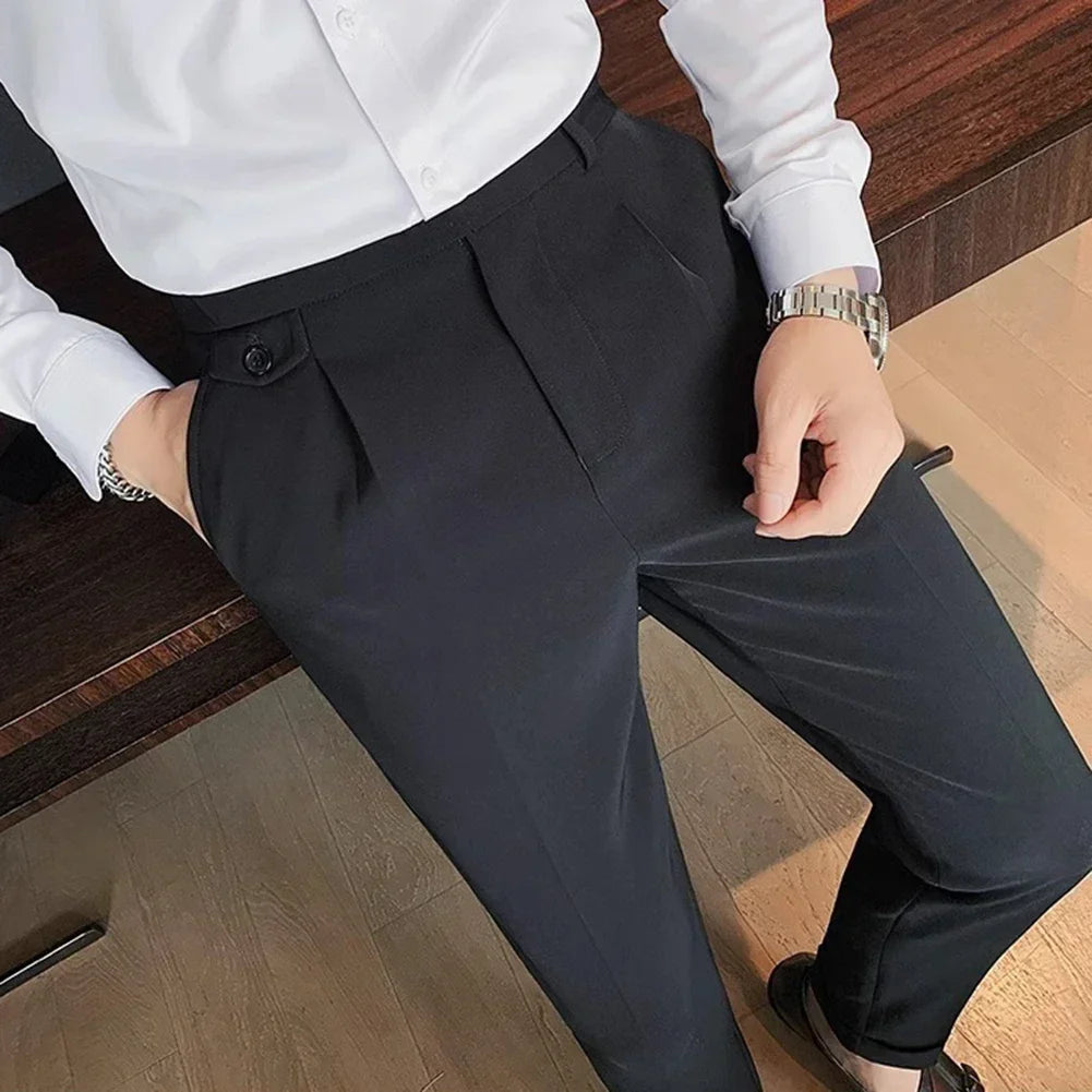 Men's High Waist Trousers England Business Casual Work Suit Pants Belt Waistline Straight Slim Fit Bottoms Handsome Clothing