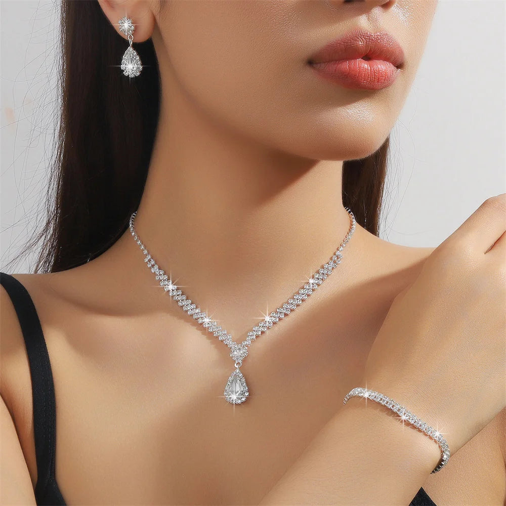 Fashion Crystal Bridal Jewelry Sets Geometric Choker Necklace Earrings Bracelet Wedding Neckchain Jewelry Sets Women Gift