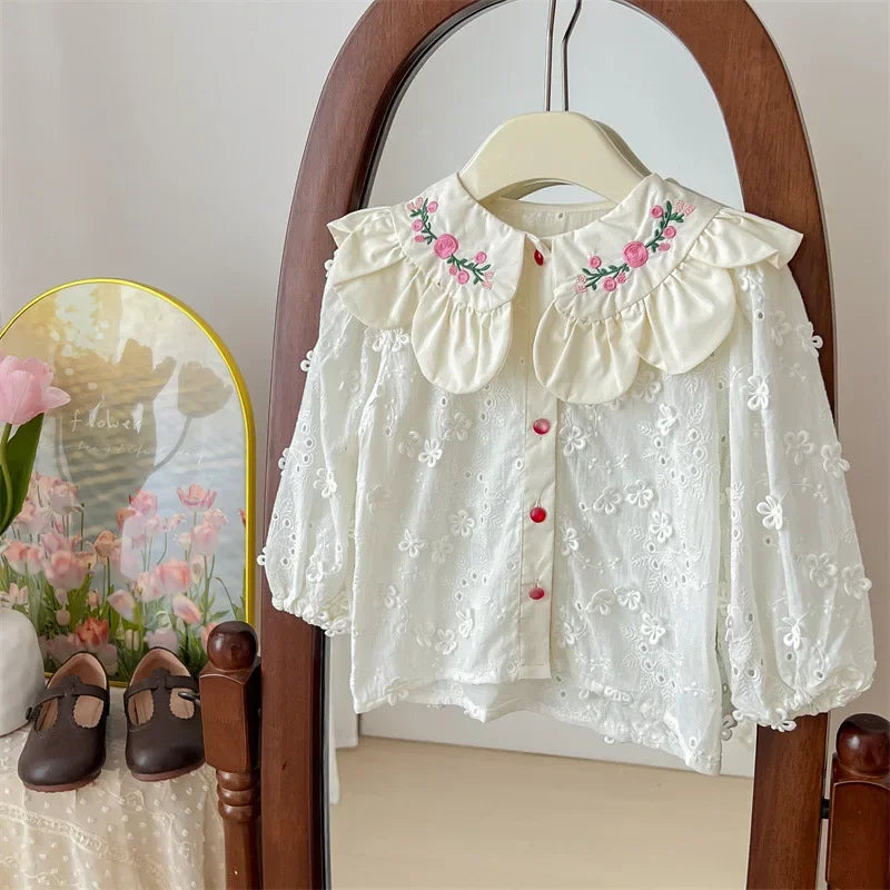 Children's Clothing Shirt 2024 New Girls Doll Shirt Childrens Clothing Autumn Clothing Korean Embroidered Shirt Baby