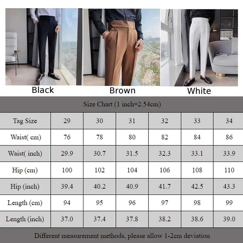 Men's High Waist Trousers England Business Casual Work Suit Pants Belt Waistline Straight Slim Fit Bottoms Handsome Clothing