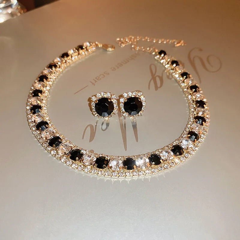 FYUAN Luxury Crystal Necklace Earrings Set Pink ABcolourful Necklace for Women Weddings Party Jewelry Sets Accessories