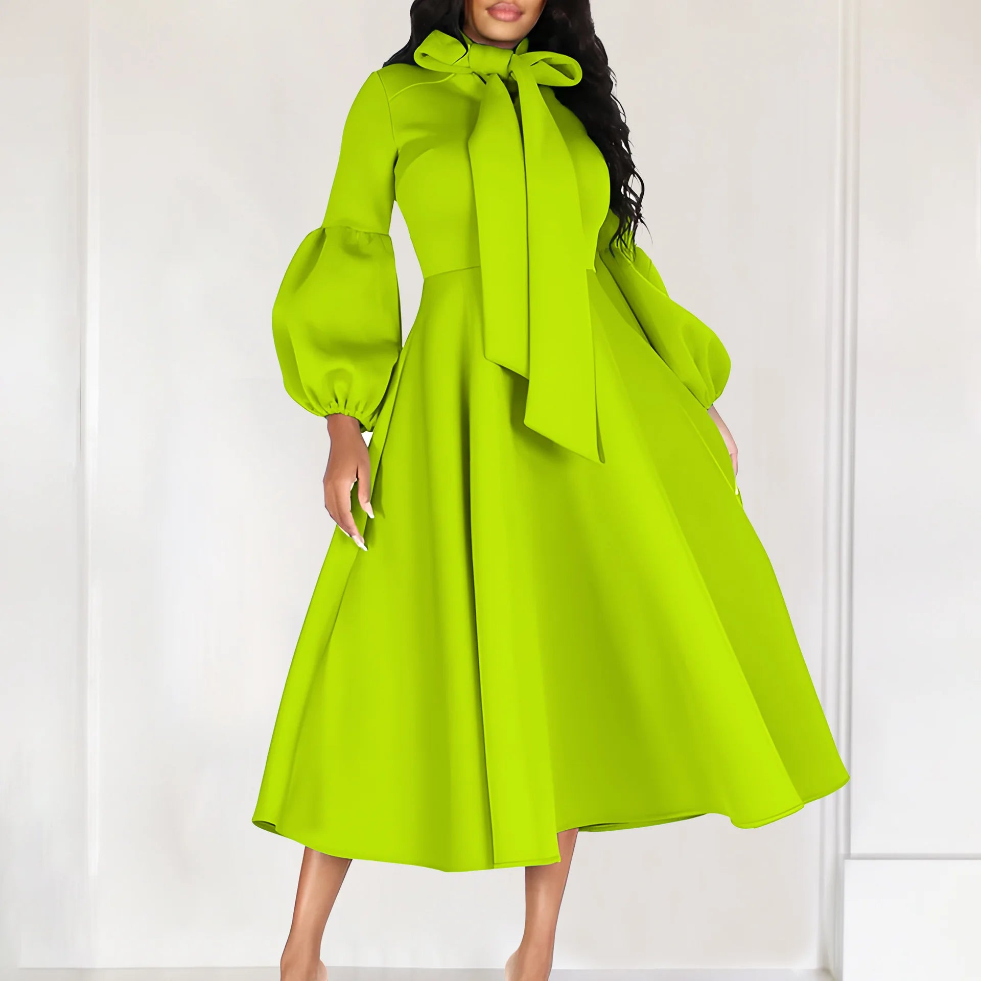Elegant Dresses for Women Bow Collar Full Sleeve High Waisted A Line Mid Calf Luxury Female Birthday Party Dinner Vestidos Mujer