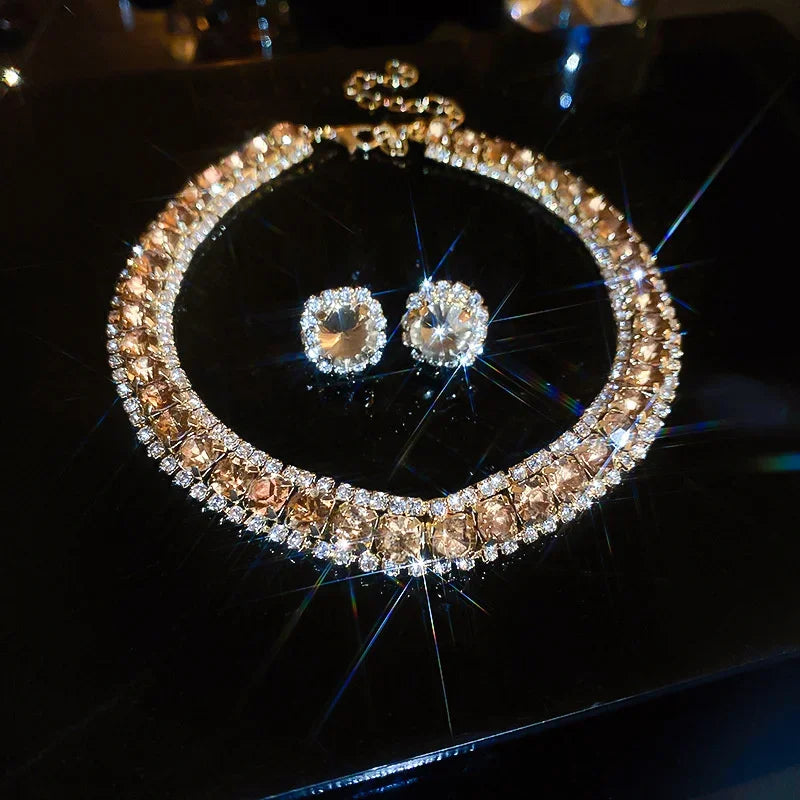 FYUAN Luxury Crystal Necklace Earrings Set Pink ABcolourful Necklace for Women Weddings Party Jewelry Sets Accessories