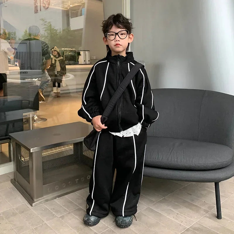 Children Clothing Boys Handsome Solid Color Simple Suit 2024 Winter New Fashion Casual Fleece Hoodie and Pants Two Piece Set