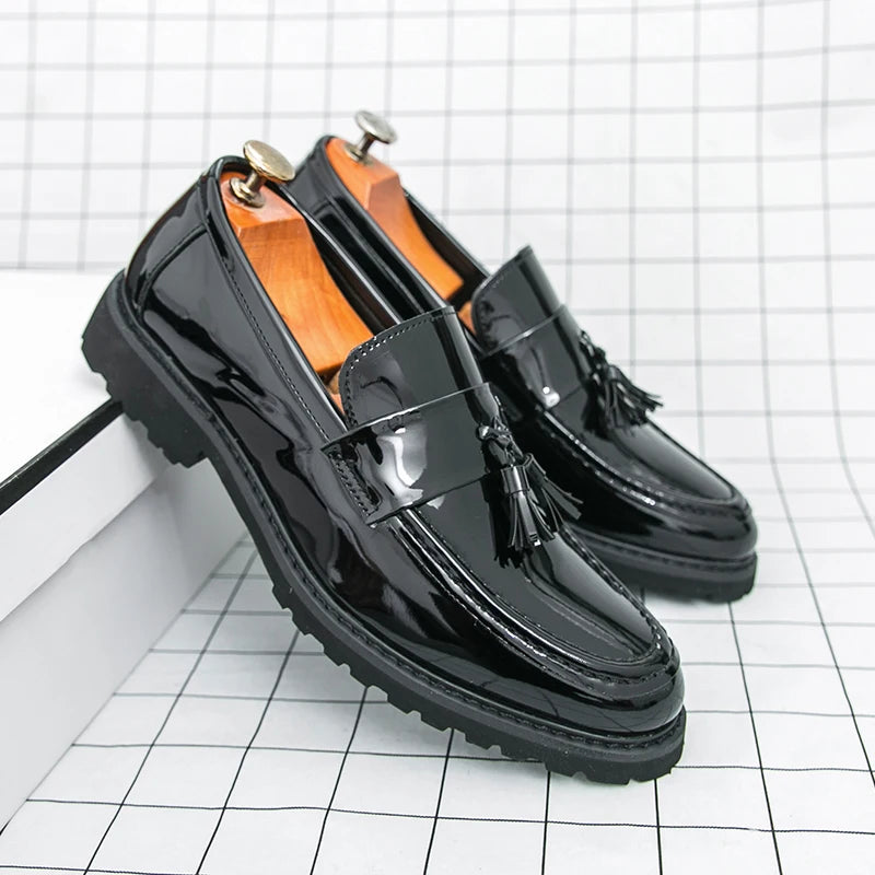 Loafers Men's 2025 Thick-Soled Tassel Patent Leather Glossy Slip-On Business Formal Leather Shoes New Men's Shoes