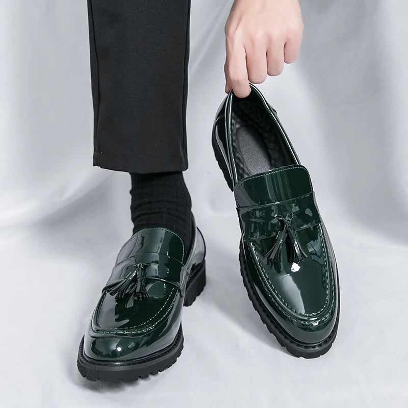 Loafers Men's 2025 Thick-Soled Tassel Patent Leather Glossy Slip-On Business Formal Leather Shoes New Men's Shoes