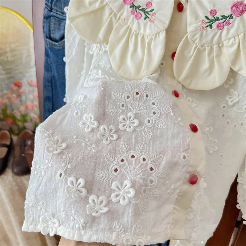 Children's Clothing Shirt 2024 New Girls Doll Shirt Childrens Clothing Autumn Clothing Korean Embroidered Shirt Baby