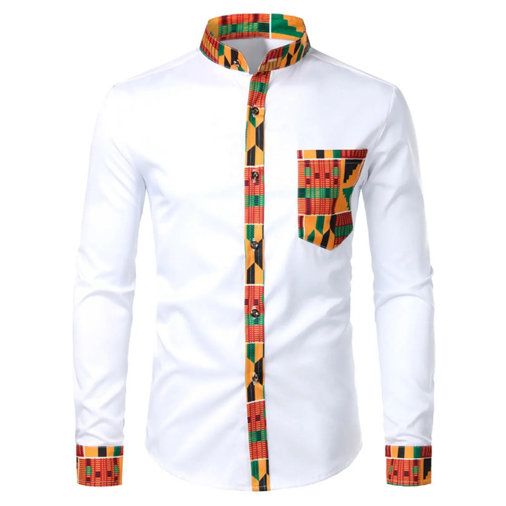 Men'S Shirts Men'S African Long Sleeve Printed Patchwork Design Button Up Shirt Seaside Vacation Casual Top Large Size