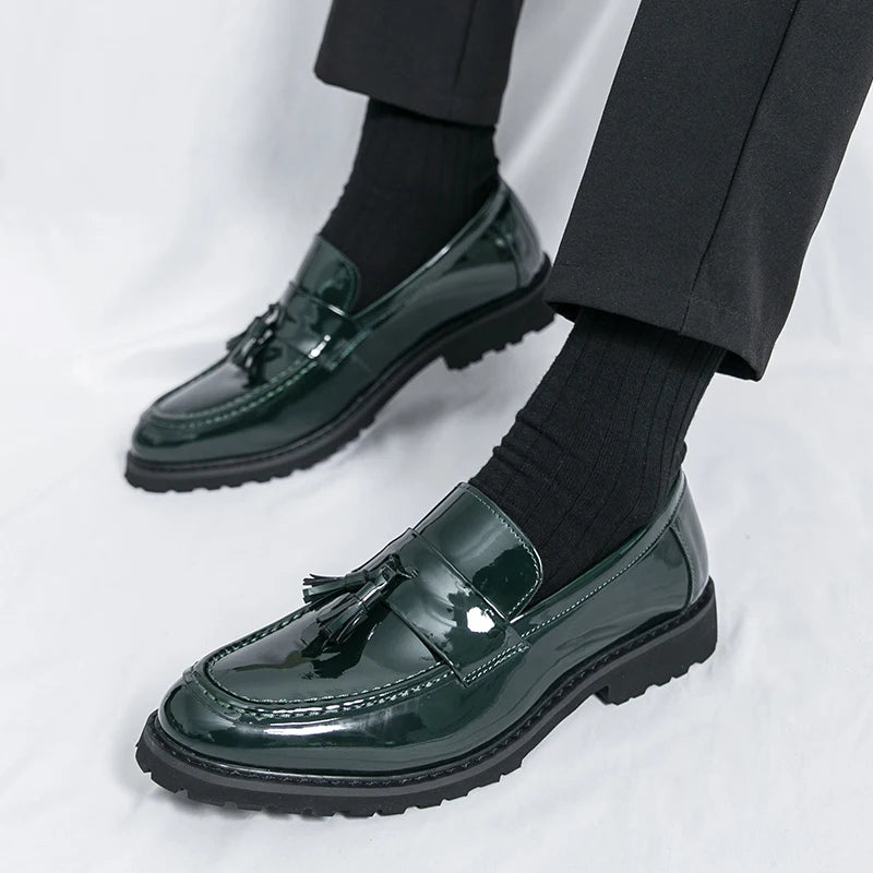 Loafers Men's 2025 Thick-Soled Tassel Patent Leather Glossy Slip-On Business Formal Leather Shoes New Men's Shoes