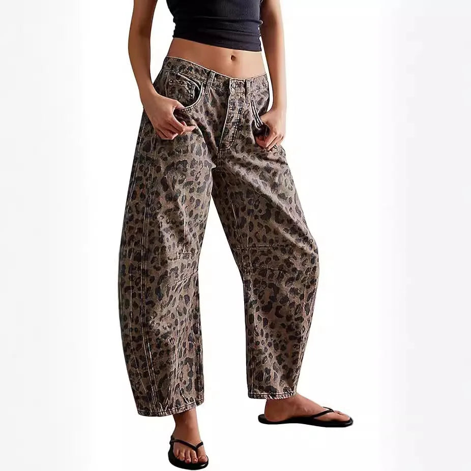 Barrel Jeans Women Leopard Pants Mid Waist Distressed Washed Pockets Vintage Streetwear Ankle Length Trousers 2025 Denims