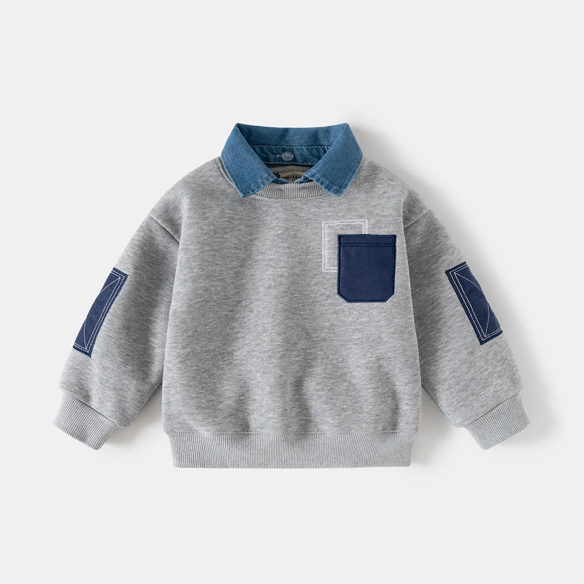 Autumn Winter Children Clothings Boys Layered Fleece Sweatshirt Denim Collar Patch Pocket Warm Pullover Kids Casual Top