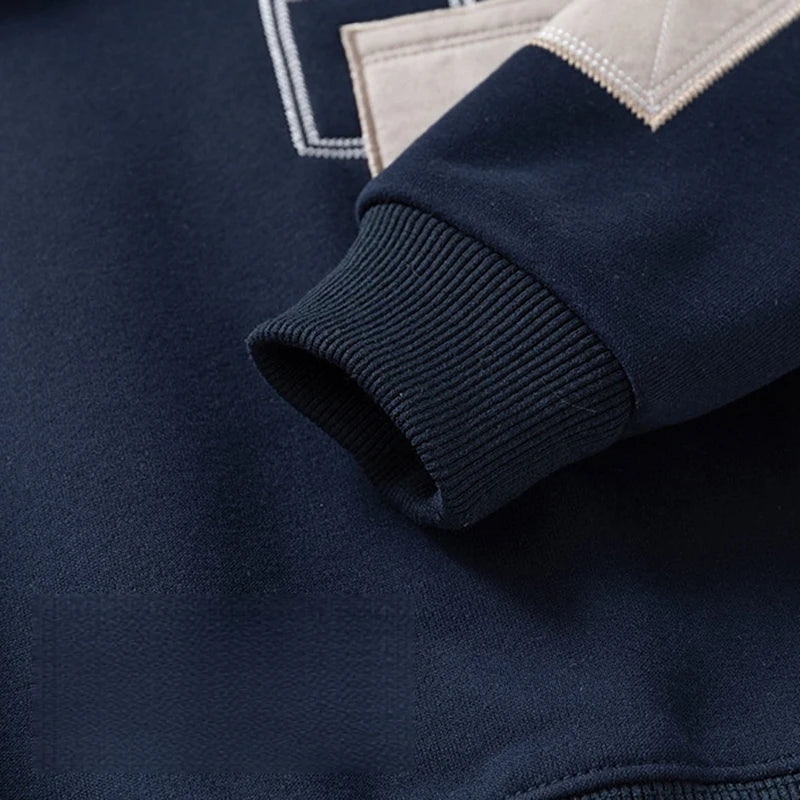 Autumn Winter Children Clothings Boys Layered Fleece Sweatshirt Denim Collar Patch Pocket Warm Pullover Kids Casual Top