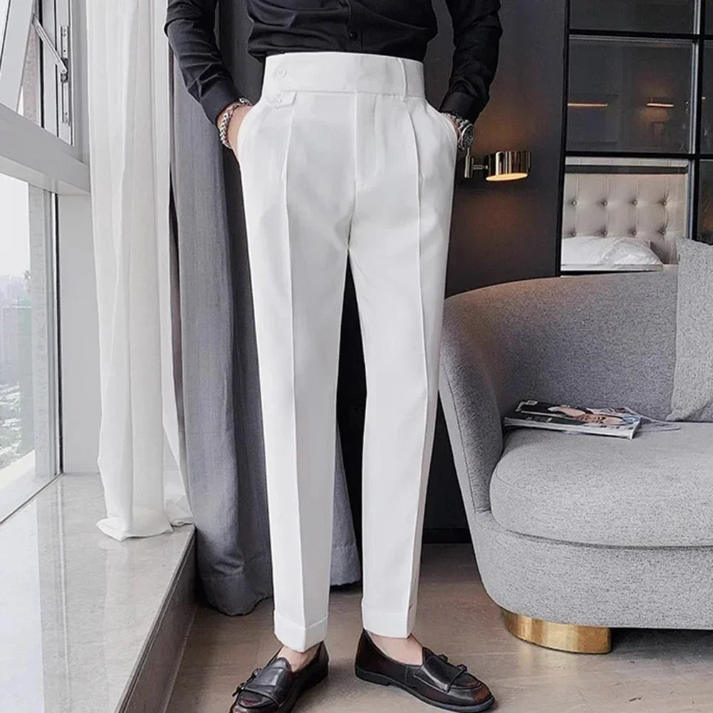 Men's High Waist Trousers England Business Casual Work Suit Pants Belt Waistline Straight Slim Fit Bottoms Handsome Clothing