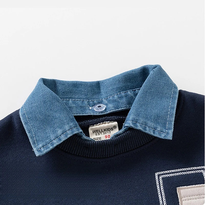 Autumn Winter Children Clothings Boys Layered Fleece Sweatshirt Denim Collar Patch Pocket Warm Pullover Kids Casual Top