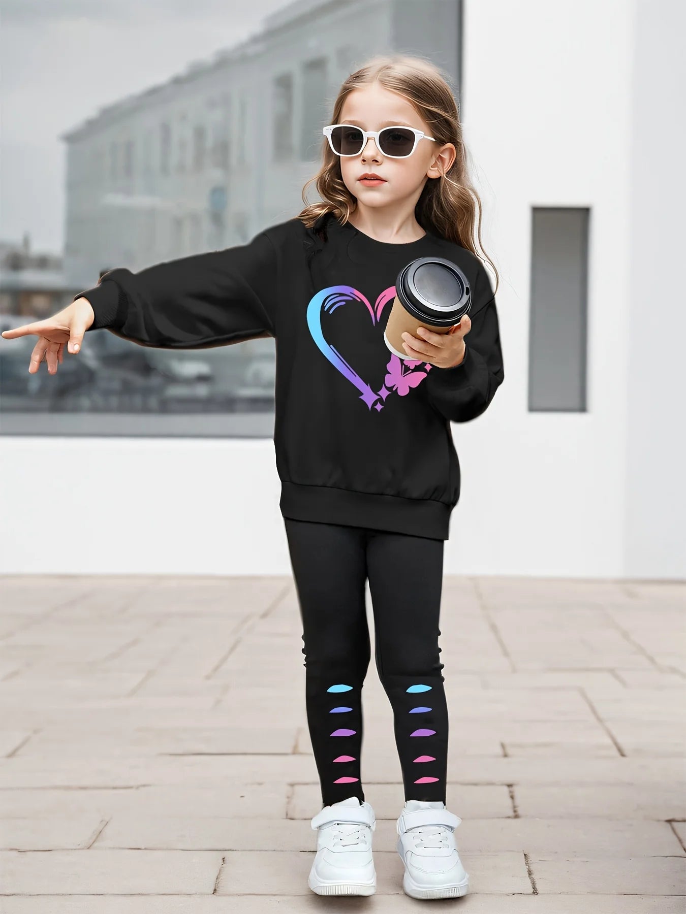 Children's Clothing Girls Autumn Clothing 2-Piece Love Butterfly Print Long-Sleeved Sweatshirt Tights Girl Outdoor Casual Sports Suit