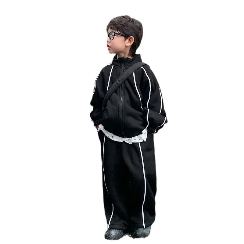 Children Clothing Boys Handsome Solid Color Simple Suit 2024 Winter New Fashion Casual Fleece Hoodie and Pants Two Piece Set