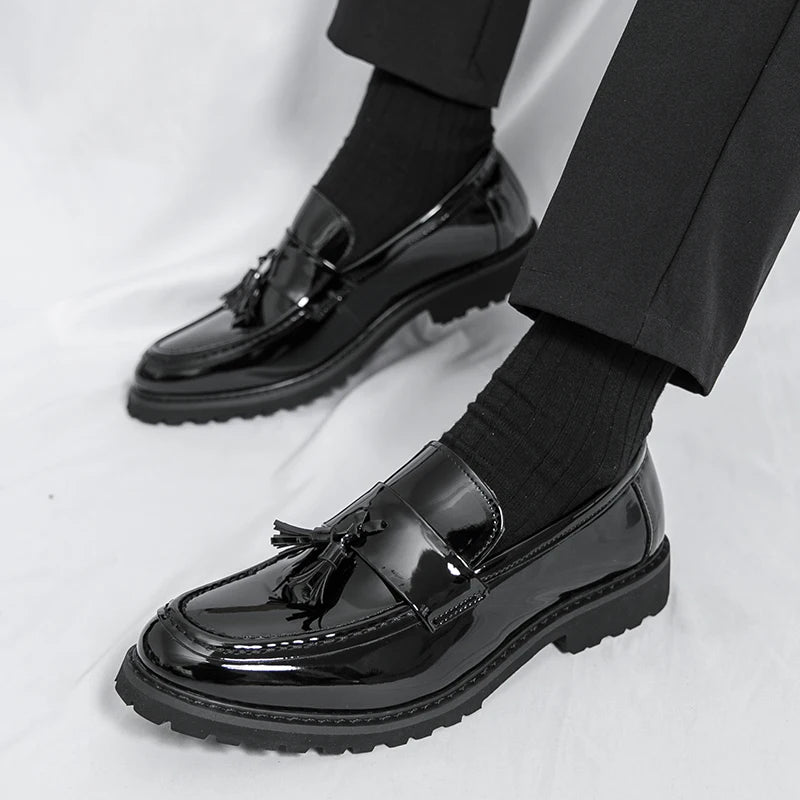 Loafers Men's 2025 Thick-Soled Tassel Patent Leather Glossy Slip-On Business Formal Leather Shoes New Men's Shoes