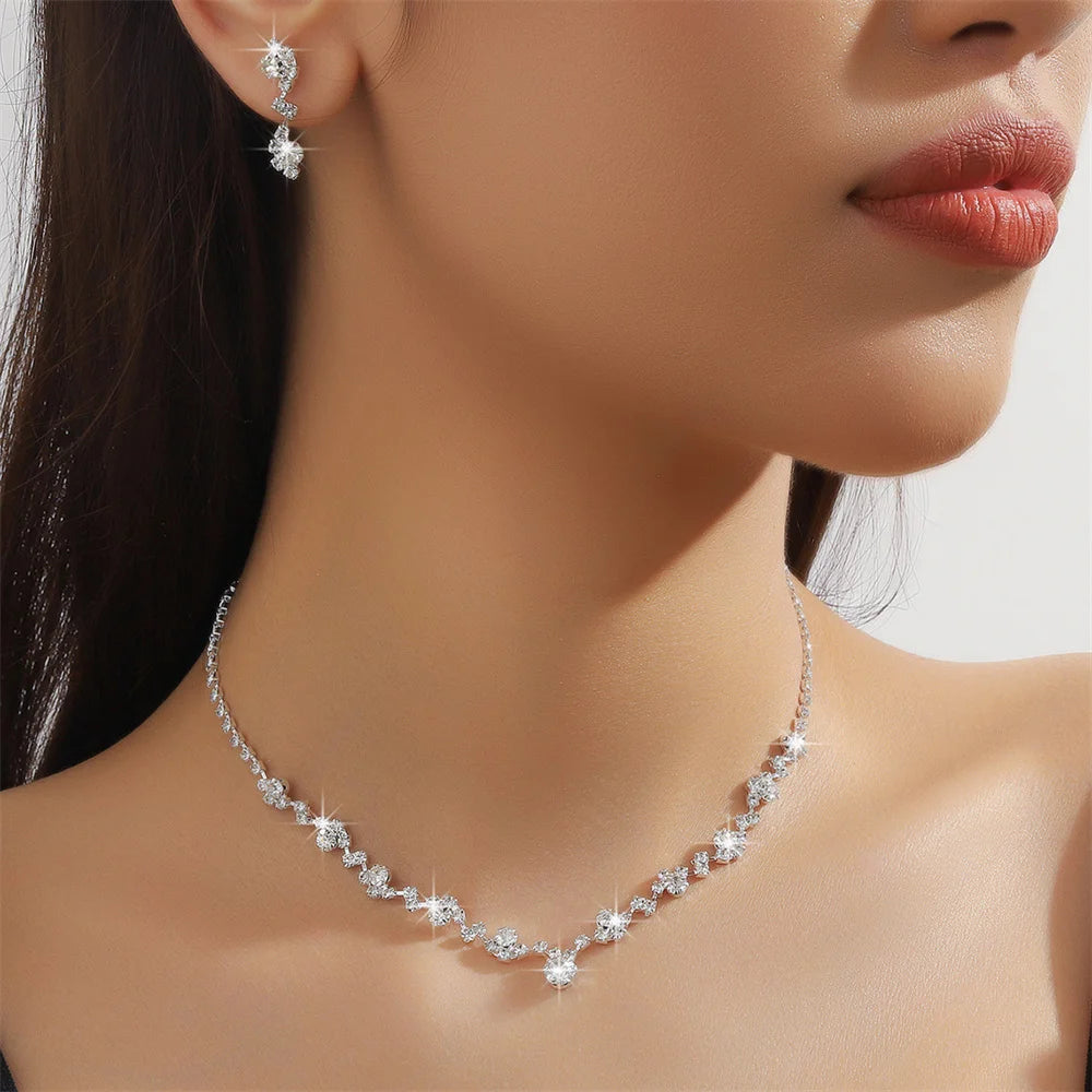 Fashion Crystal Bridal Jewelry Sets Geometric Choker Necklace Earrings Bracelet Wedding Neckchain Jewelry Sets Women Gift